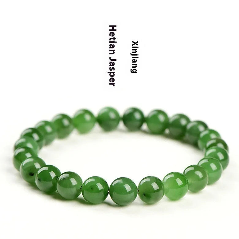 Natural Jasper and Hetian jade bead bracelet showing polished stone beads in one of five available sizes.