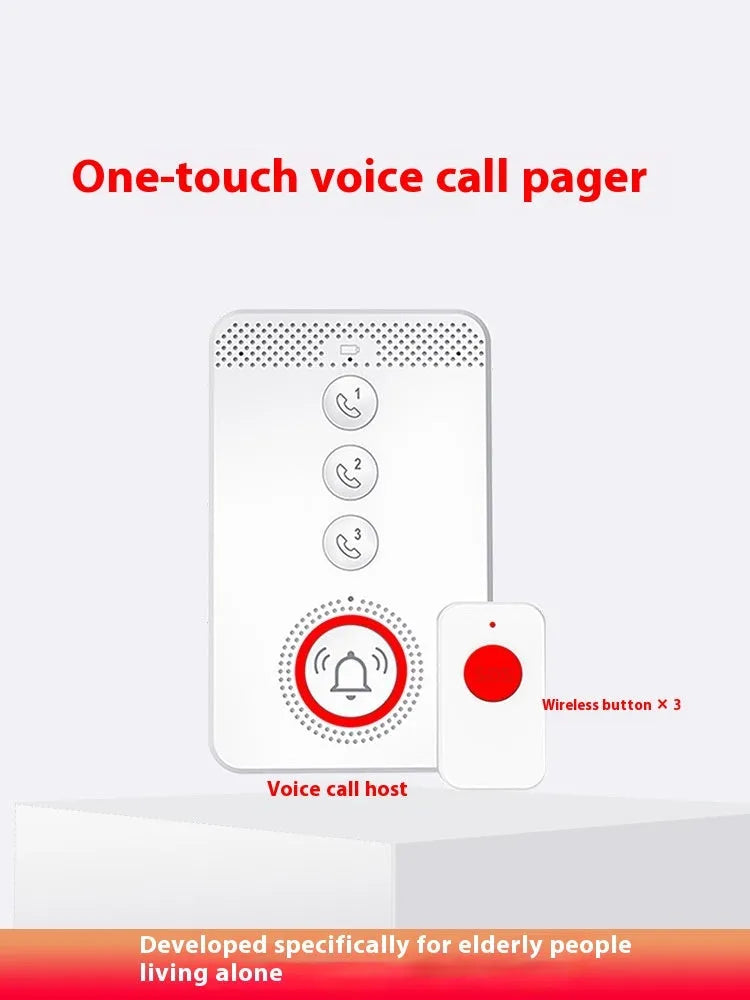 White circular emergency alert buzzer unit with three small emergency button transmitters for elderly safety