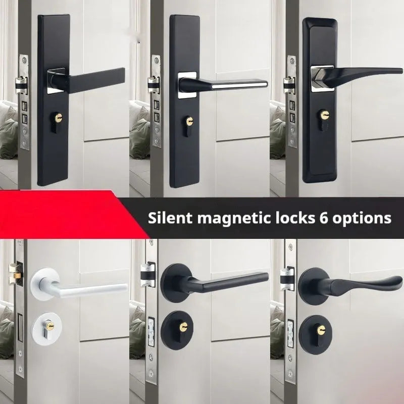 Aluminium split magnetic door lock handle for timber doors in black and silver finish.