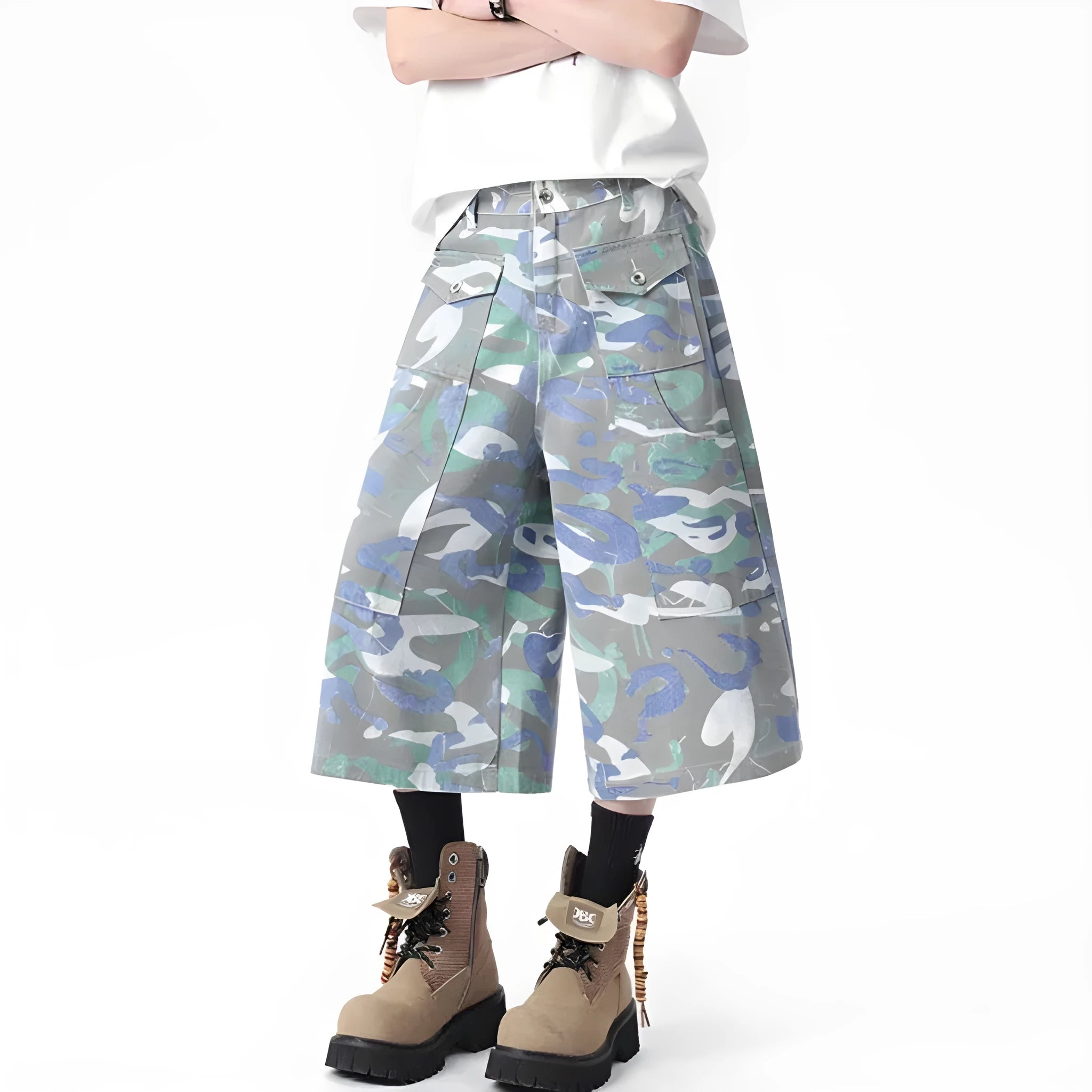 Camouflage colour cotton denim cropped trousers with straight leg and zipper fly
