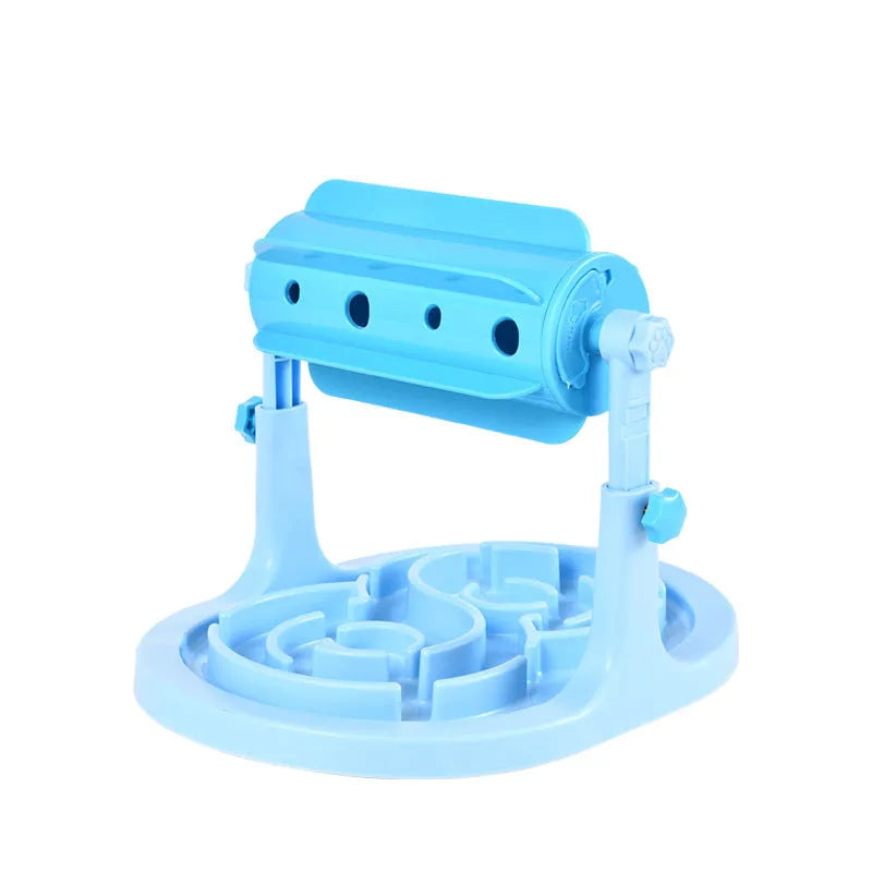 Blue adjustable height interactive pet puzzle feeder bowl with raised food tray patterns