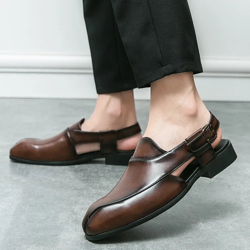Plus size men's slip-on square toe artificial pu sandals in black with rubber sole and stitched detailing on a light background