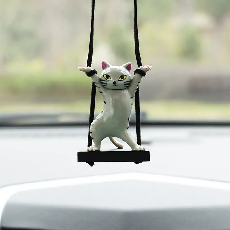 Cartoon-style resin cat pendant on adjustable rope for car interior decoration