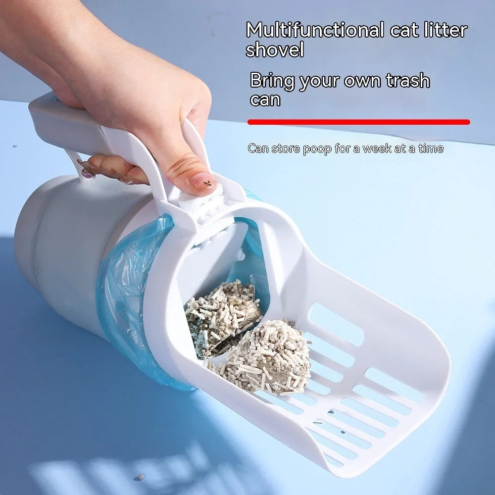 Grey foldable cat litter scoop with attached waste bin and lid