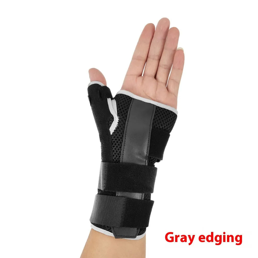 Carbon fibre reinforced sports wrist guard with thumb strap shown in black with grey edging