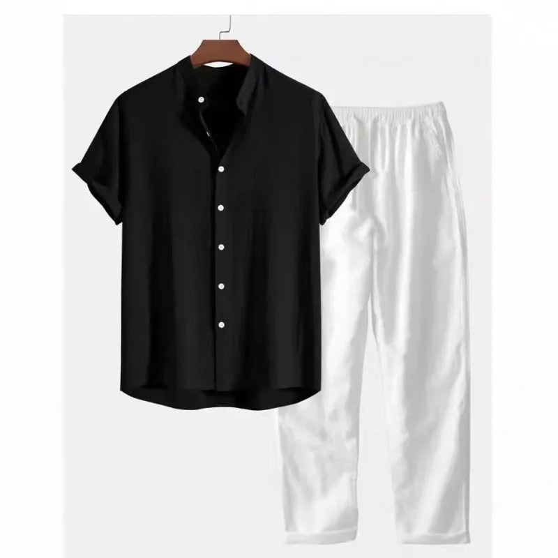 Men's loose fit linen-blend short sleeve shirt and trousers casual suit set on a hanger.