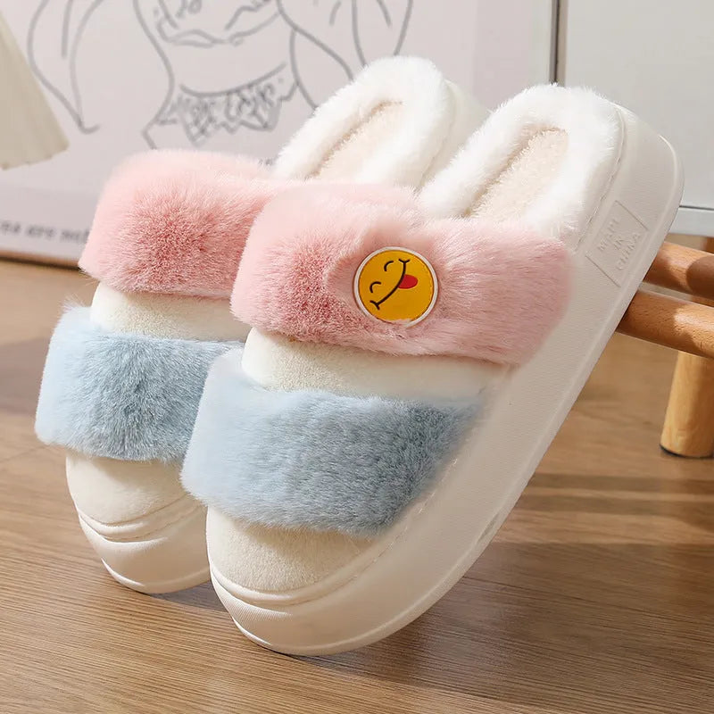 Thermal cotton slippers with cashmere lining in pink and green colour combination