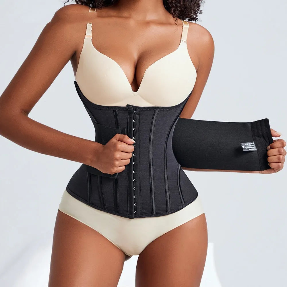 Apricot and black nylon waist training belt with adjustable tie on a white background