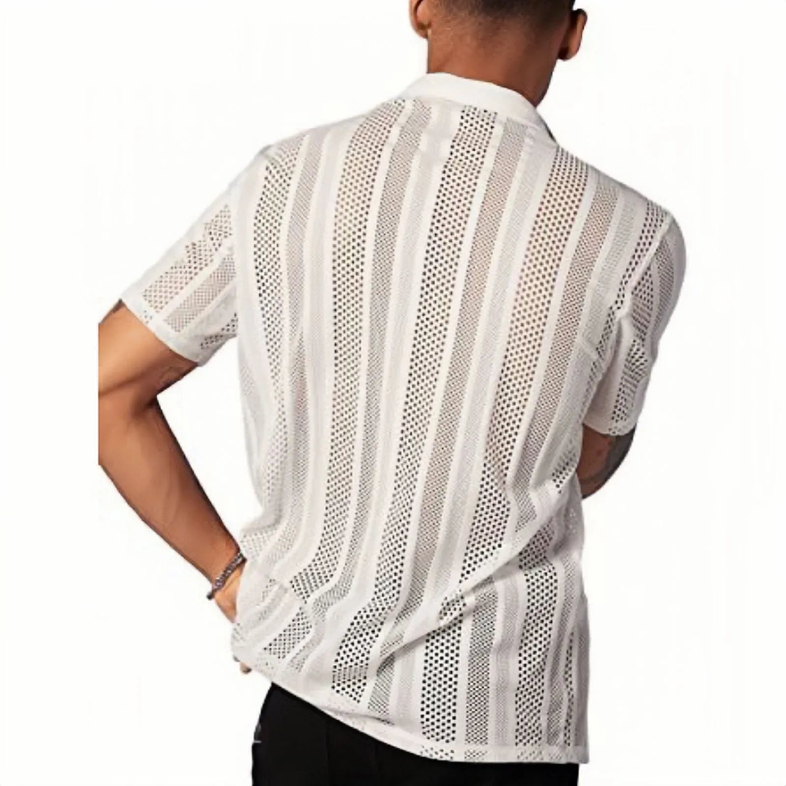 A man wearing a black jacquard-knit short-sleeved shirt in a street fashion cardigan style.