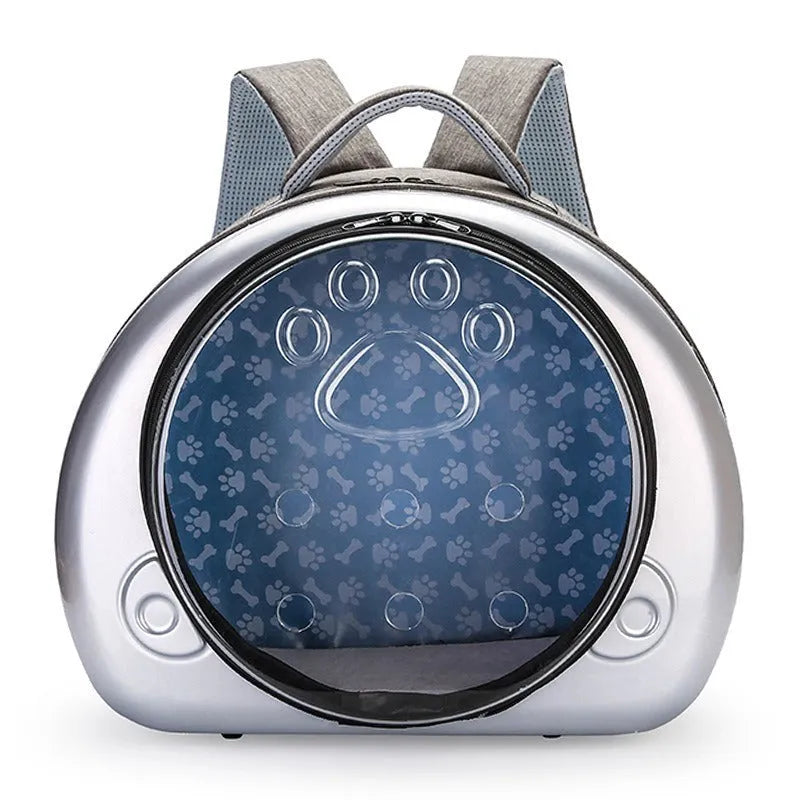 Transparent space capsule style cat carrier bag with breathable design and rose gold front cover.