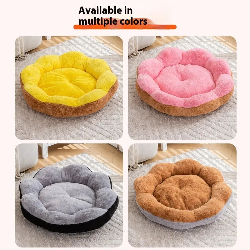 Round detachable rabbit plush pet bed in brown gray colour showing thick fabric and nest shape