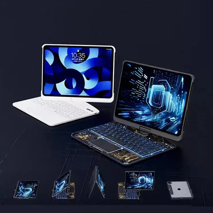 360 swivel keyboard clear case for iPad with transparent backplate and telescopic pen slot