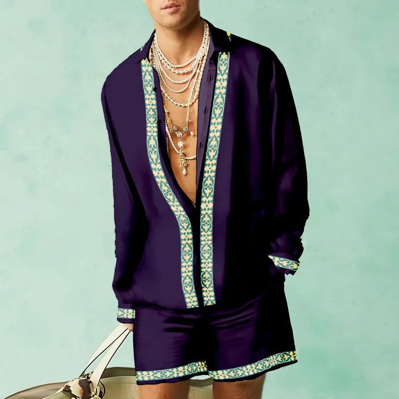 Men's slim fit summer shirt and shorts set in matching colours