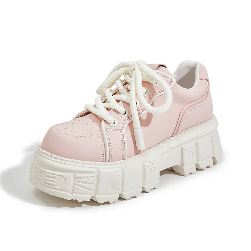Spring casual leather shoes with muffin bottom design in beige and pink colours