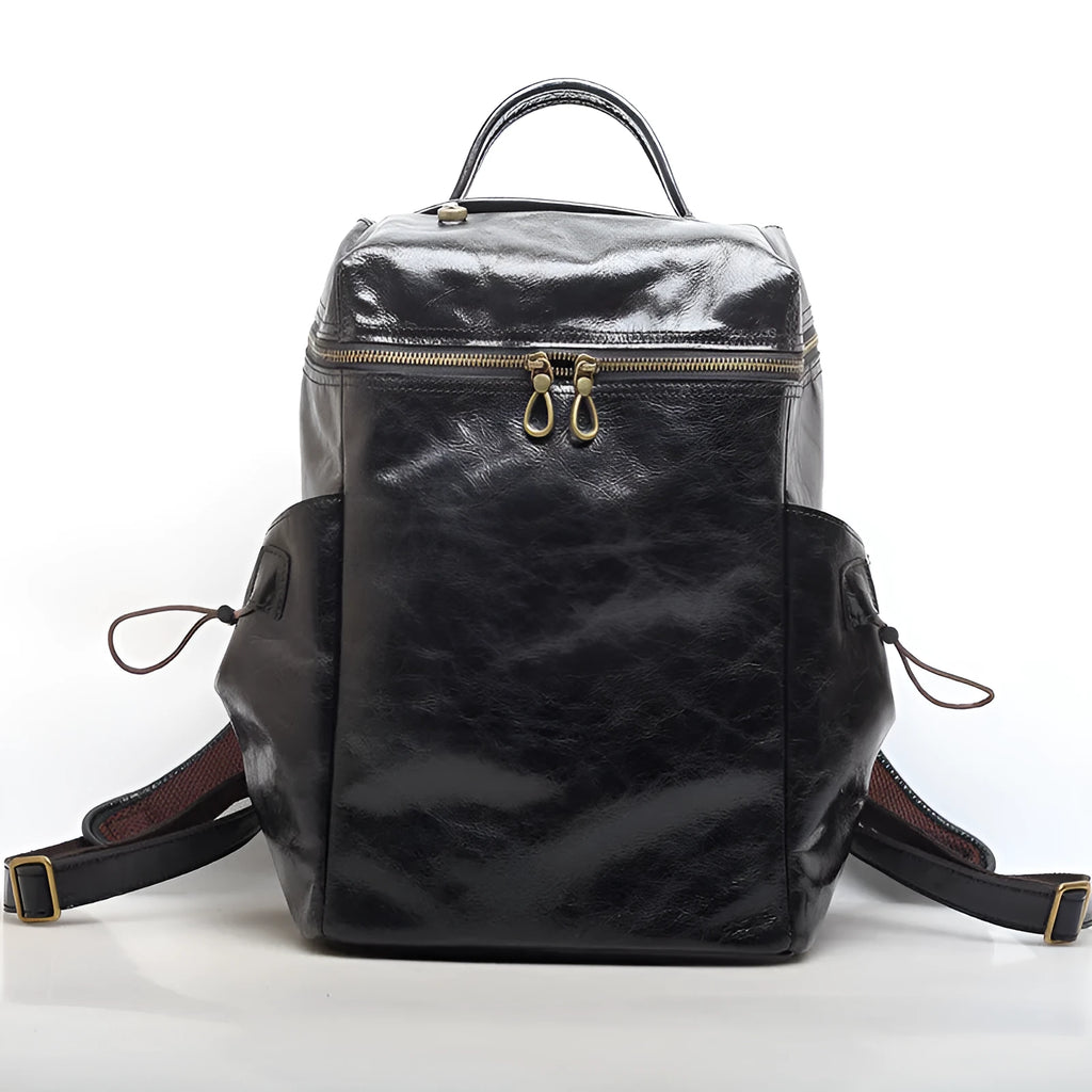 Classic retro backpack in brown Crazy Horse leather cowhide with multi-compartment and sewing thread detailing