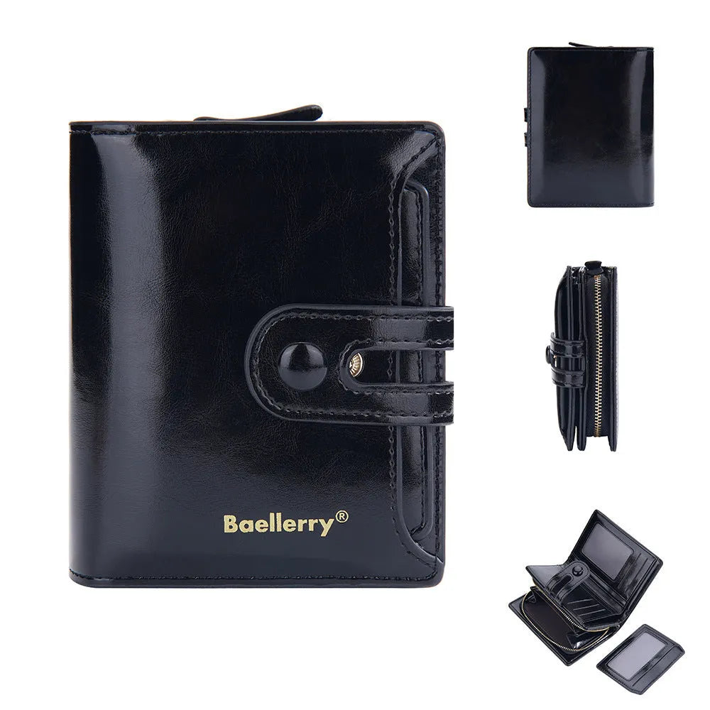 Women's PU leather card holder wallet shown in multiple colour options including black, pink, and blue.