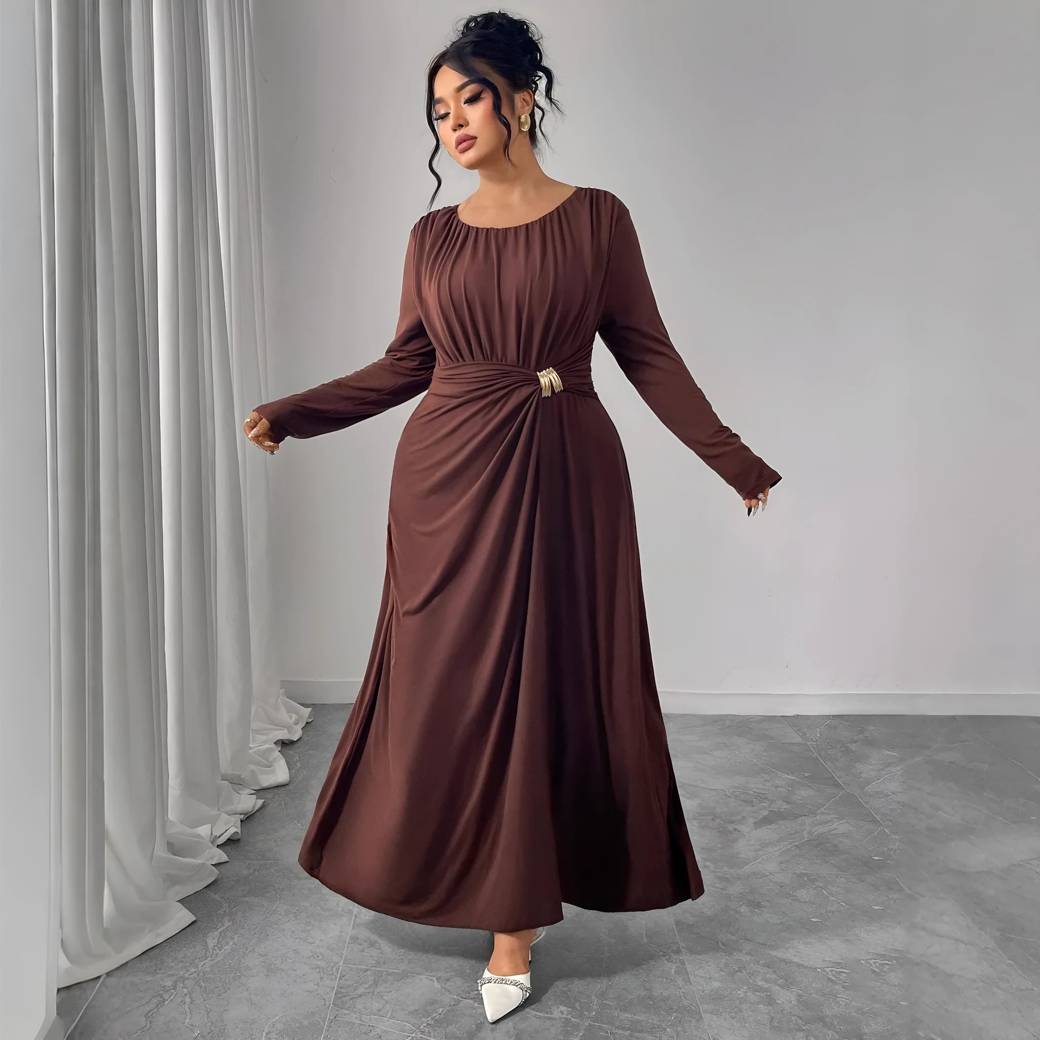 Printed high-waisted polyester dress for women in coffee colour, brown, black, wine red, sizes XL to 4XL