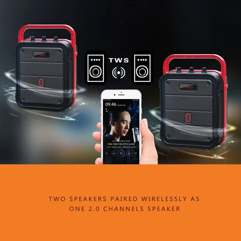 MS62AI portable Bluetooth speaker with 6.5 inch wireless microphone showing control buttons and connectivity ports