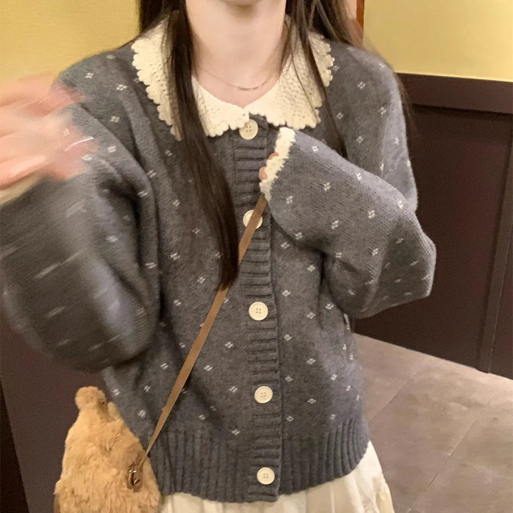 Retro Peter Pan collar knitted cardigan coat with floral pattern in cashmere blend fabric