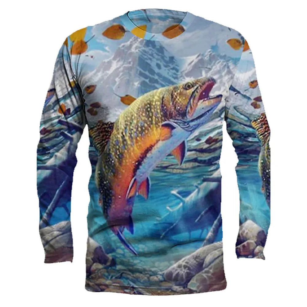 Men's fish printed long sleeve pullover top in milk silk fabric with round neck