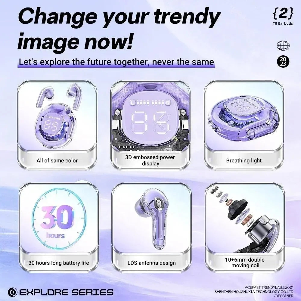 Transparent wireless Bluetooth headphones with in-ear design available in multiple colours