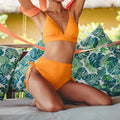 Women's yellow high waist triangle bikini suit with split top and high-waist briefs, sizes L M XL