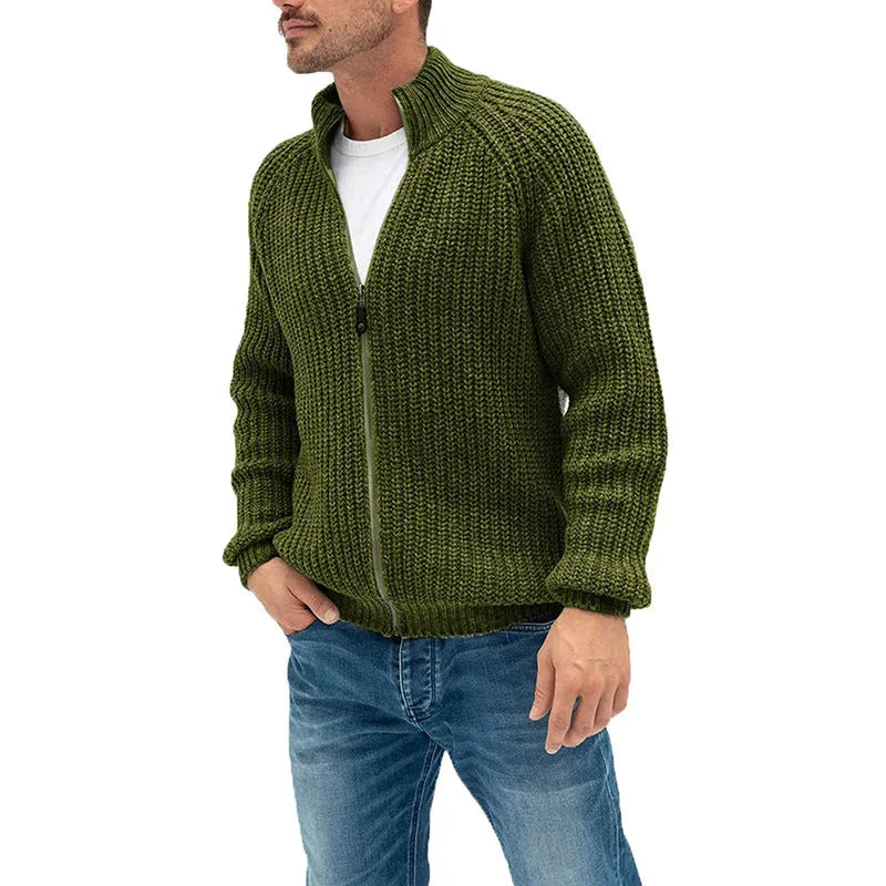 Men's solid colour zipper turtleneck cardigan sweater in acrylic with ribbed hem, available in six colours