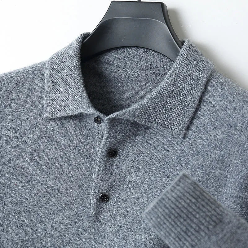 Men's wool polo collar pullover sweater in multiple colours with long sleeves and collage stitching detail.
