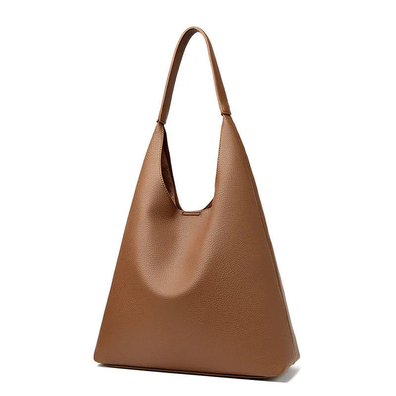Retro large capacity soft PU leather shoulder bag in caramel colour, horizontal square shape