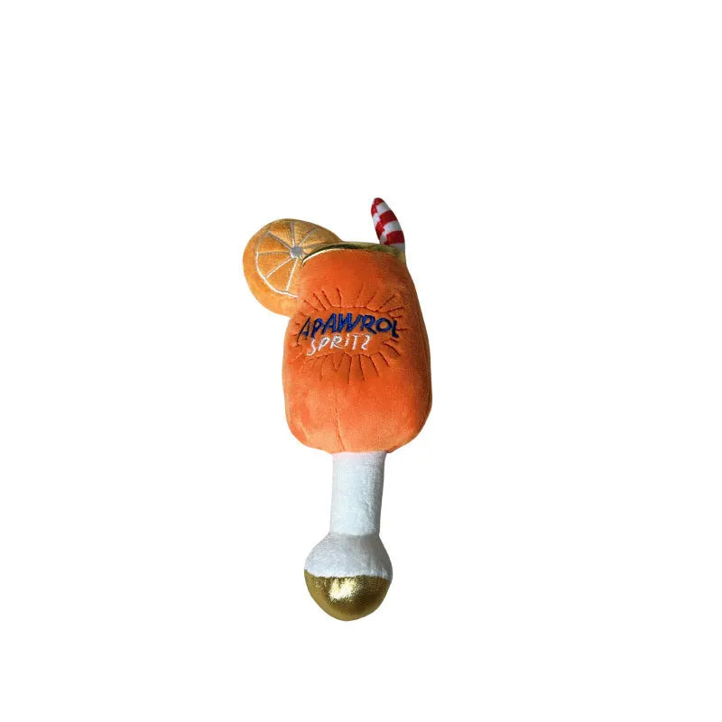 Yellow plush beer bottle squeaky dog toy with teeth-cleaning feature, 7cm size
