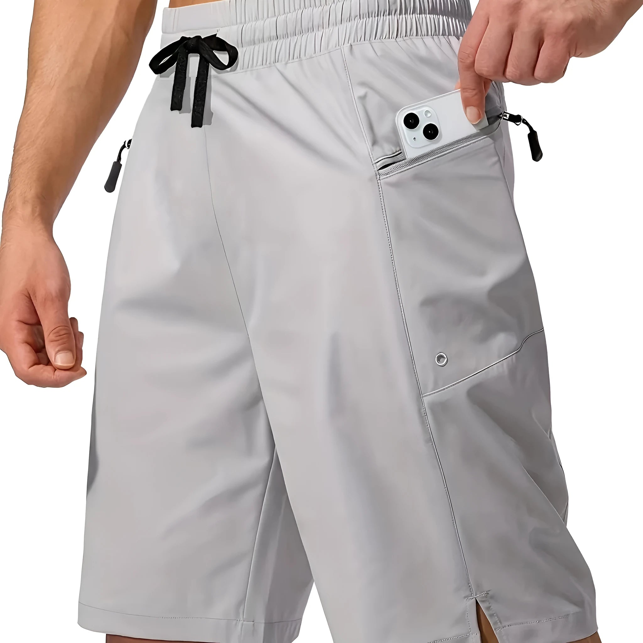 Men's solid colour quick-drying beach shorts in straight-leg style