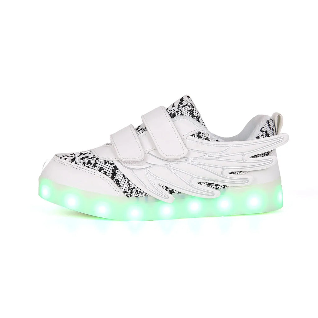 Children's plum red and white LED light up sneakers with USB charging port visible