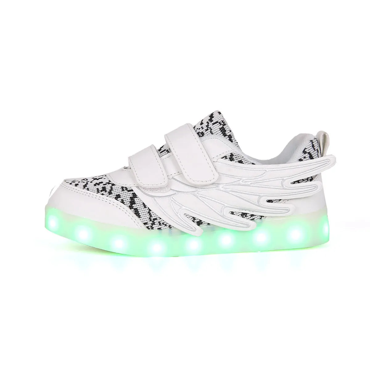 Children's plum red and white LED light up sneakers with USB charging port visible