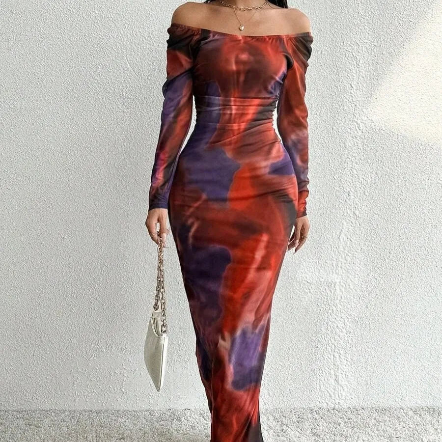 Women's green printed pleated mesh fishtail dress with a square collar and side split.
