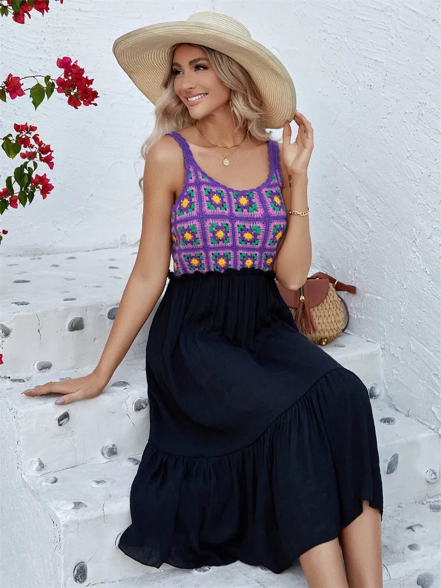 Purple sleeveless dress with hand-hook flower stitching embroidery on cotton blend fabric