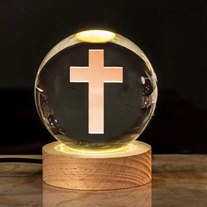 White crystal lamp with 6cm diameter ball on solid wood warm light base for church office decoration