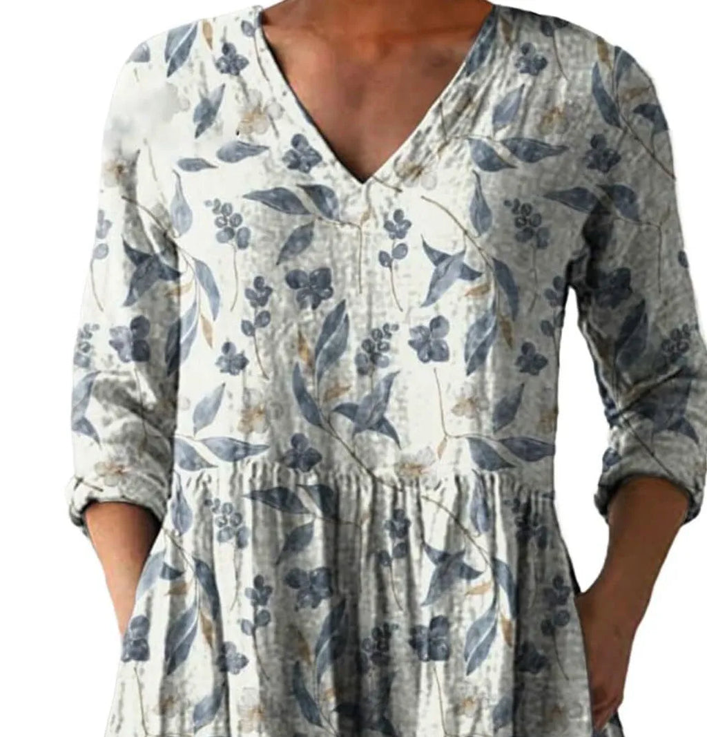 Women's printed loose dress with wave pattern, 3/4 sleeves and elastic waistband