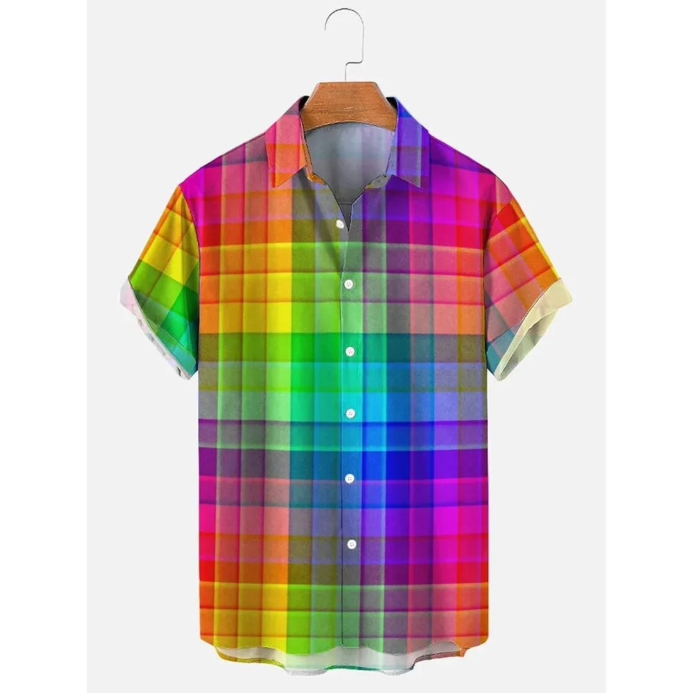 Men's stripe pattern Hawaiian shirt with short sleeves and elastic band construction
