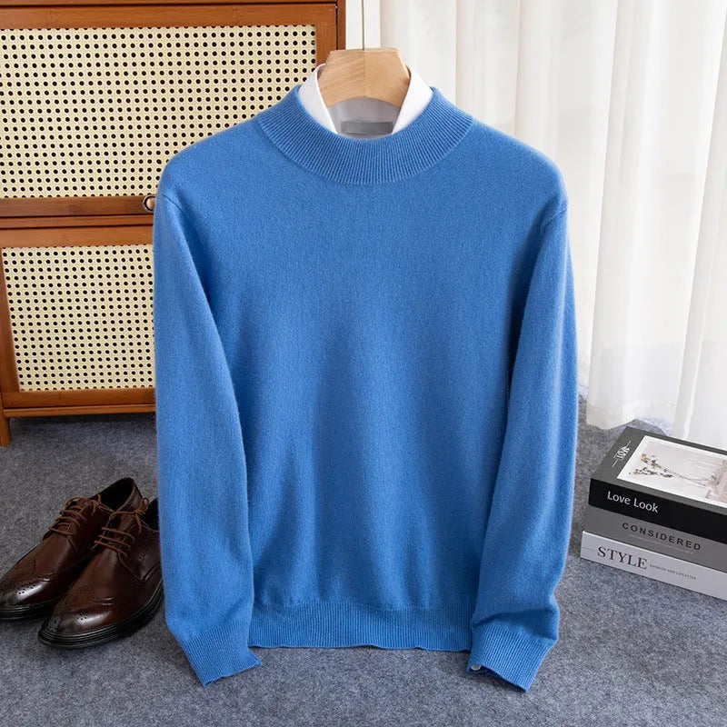 Men's half-collar loose-fit wool sweater in a light business style, shown in a range of colours.