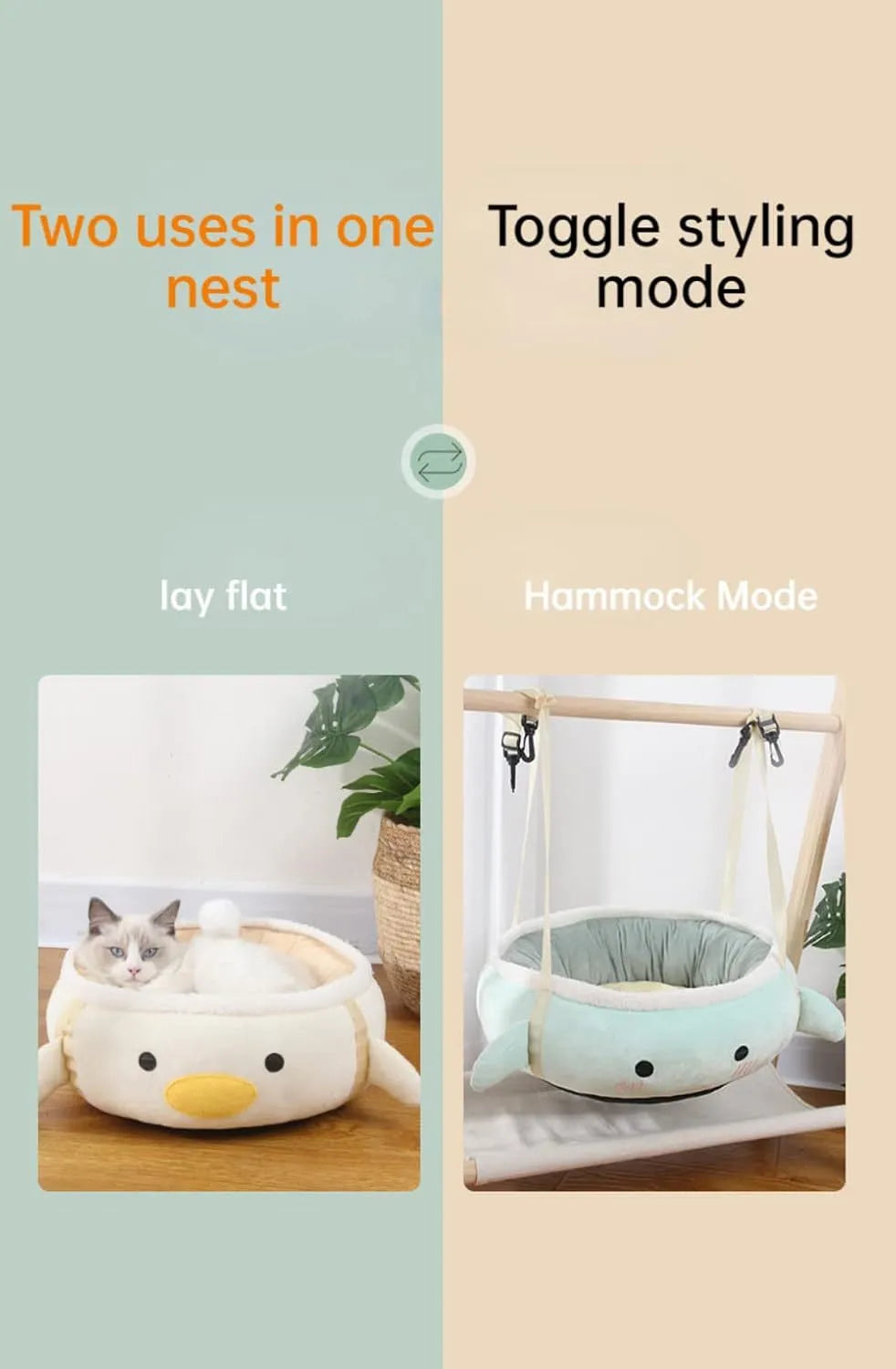 Green chick-shaped cat bed that can be used flat or hung as a hammock for small pets.