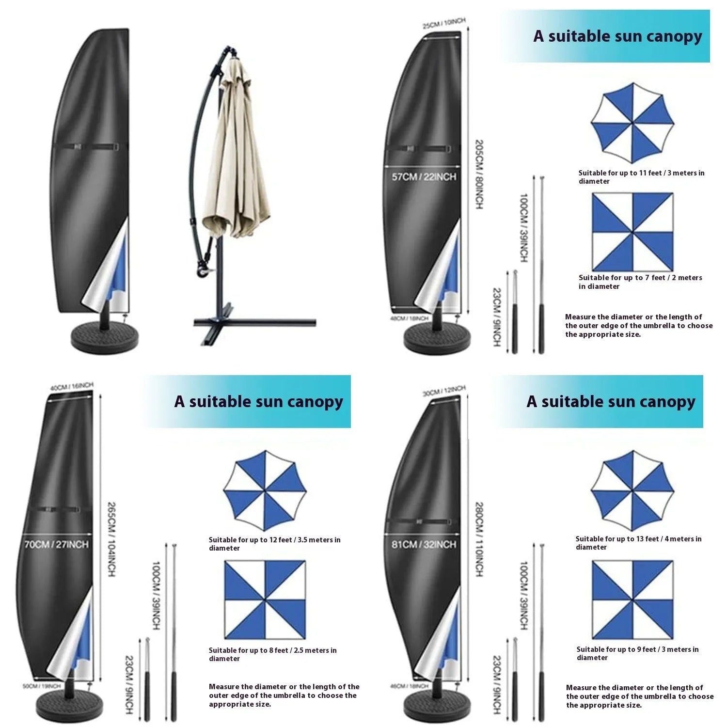 Waterproof oxford cloth cover for an outdoor offset banana umbrella in grey.