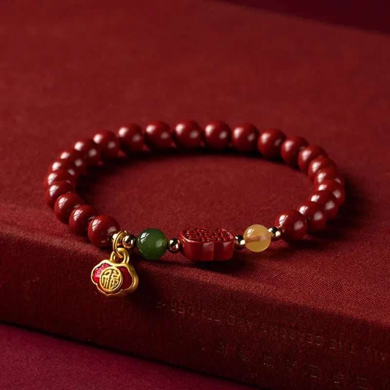 Emperor Sandstone cinnabar bracelet with fu character bead in new Chinese style
