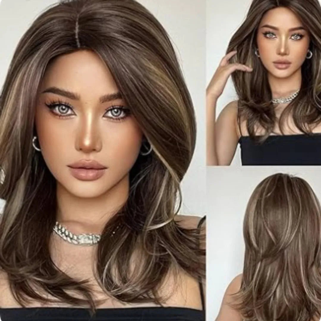 Mid-length platinum gradient colour wig with long curly hair and bangs in synthetic high-temperature fibre