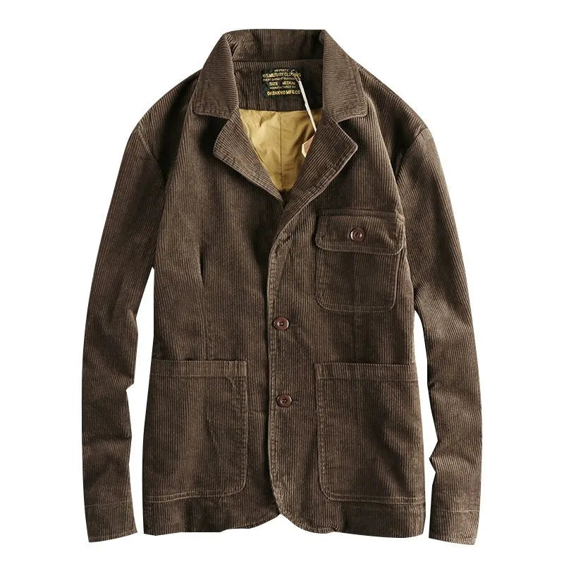 Heavy amekaji retro washed pure cotton corduroy casual jacket in brown, long sleeve, no hood