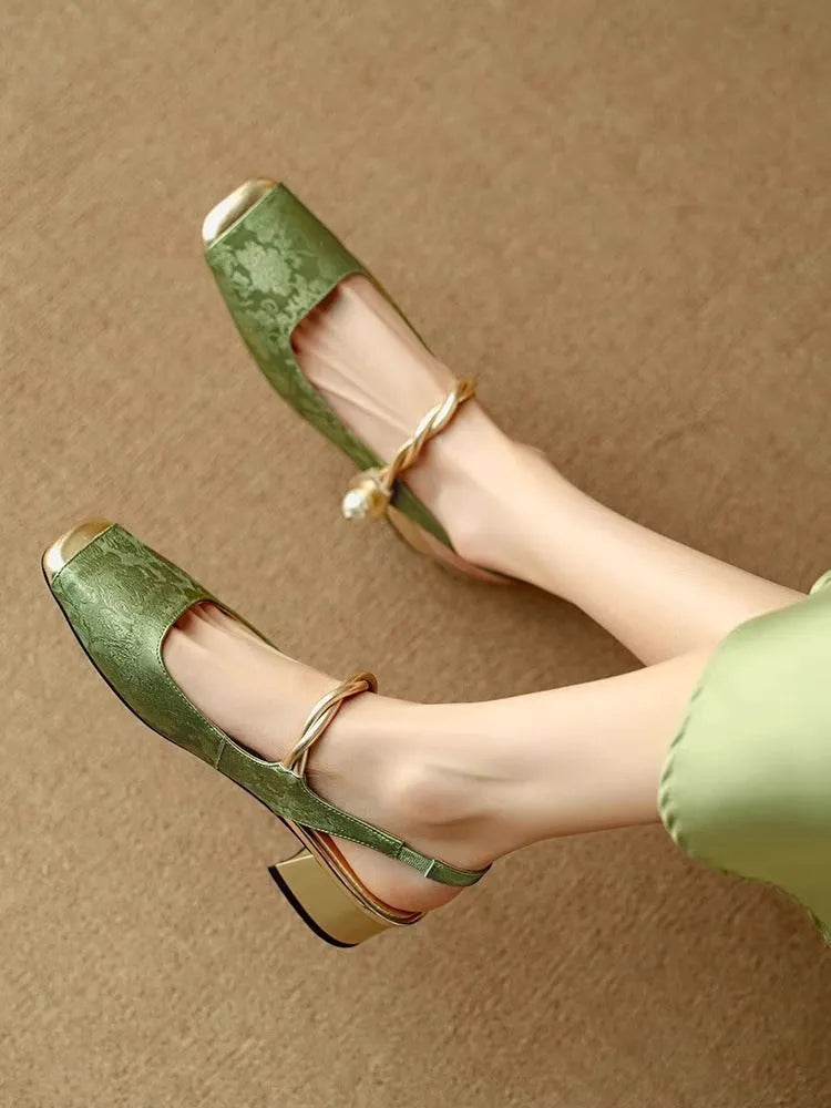 New Chinese style satin closed toe backless mid heel sandals for women in beige white