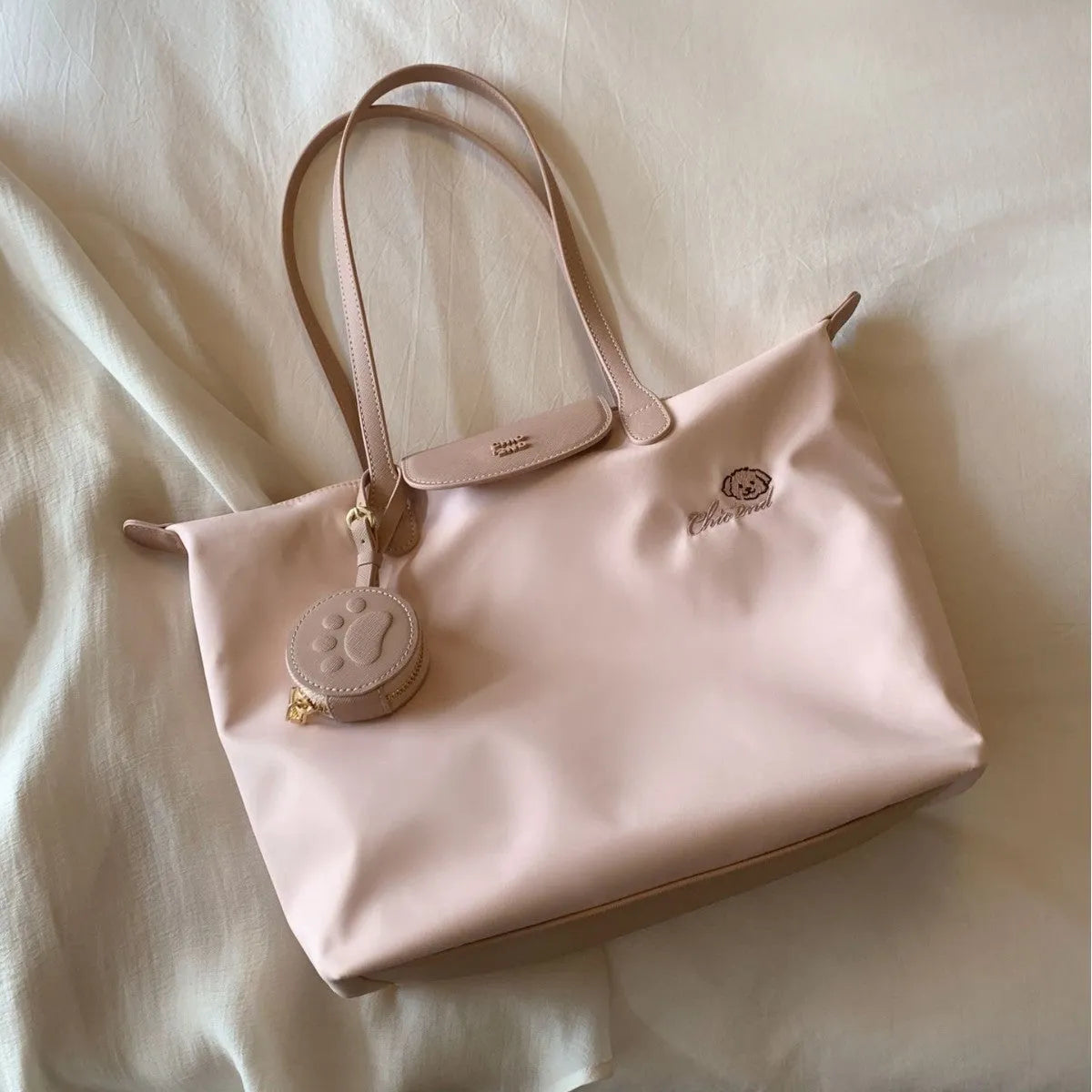 Oxford cloth tote shoulder bag with horizontal square shape in pink or milky white colour