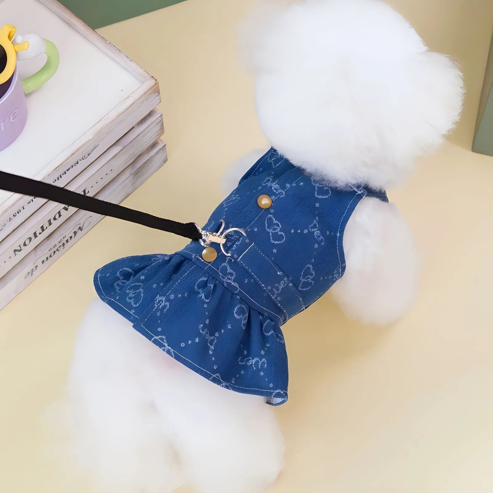 Denim princess dress for small dogs with bracket skirt styling in blue