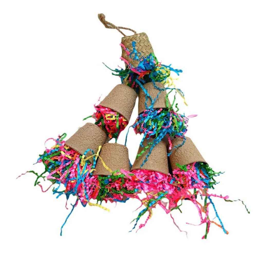 Parrot paper cup palm weaving gnawing toy with wooden element hanging at 38cm height