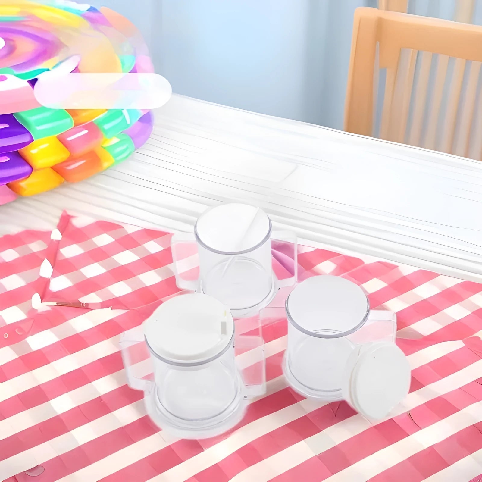 Transparent lightweight plastic drinking cup with spill-proof design on a plain background