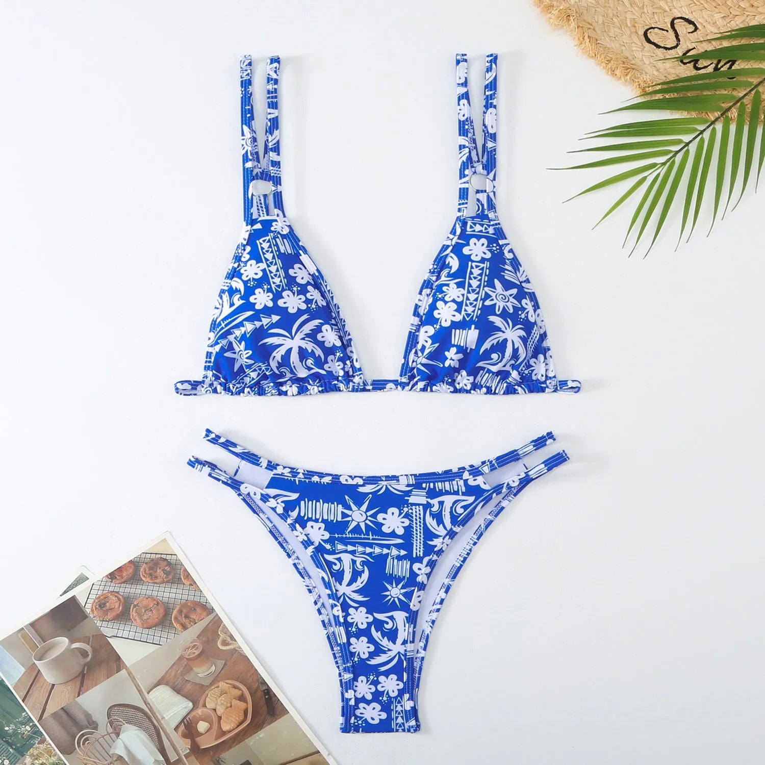 Women's printed halter bikini briefs swimming set in polyester fibre showing floral pattern and backless design